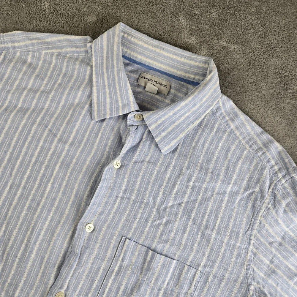 Banana Republic Shirt Mens XL 17/17.5 Blue White Striped Linen Blend Nautical